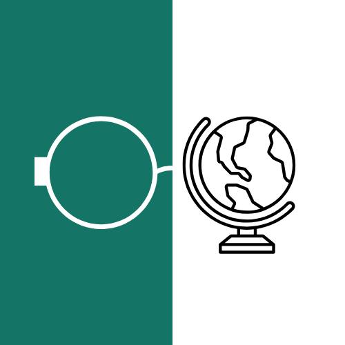 Logo of Biblical Worldview Studios. Round glasses with one lens as a globe