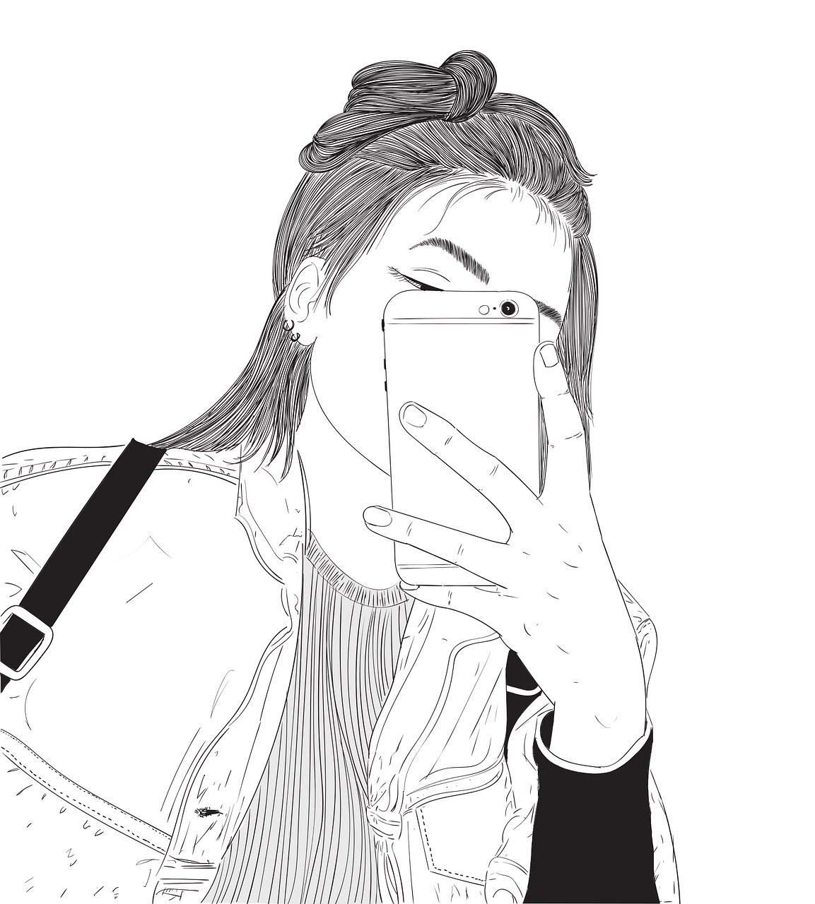 Travel girl sketch with her iphone in hand, ready to connect into the fun and endless resources.