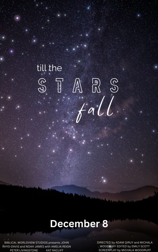 A lake, dark forest, and mountains rest under a sparkling night sky